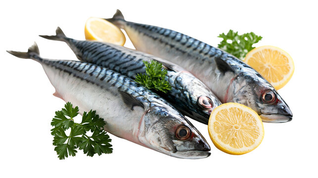 Fresh raw mackerel fish with lemon slices and green parsley sprigs