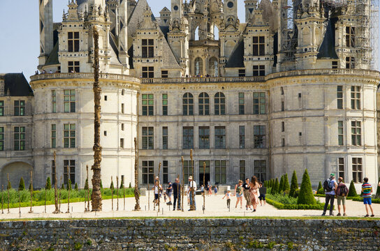 Architectural details of Ch&acirc;teau de Chambord, a historic Renaissance castle in Chambord, France, photographed on May 29, 2023. The image shows the ornate fa&ccedil;ade, dormer windows and distinctive double 