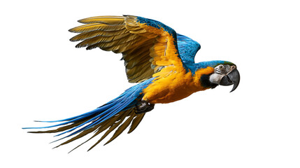 Blue and yellow macaw parrot flying with wings spread wide © Maria