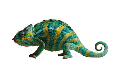 Vibrant turquoise and yellow patterned panther chameleon with curled tail © Maria