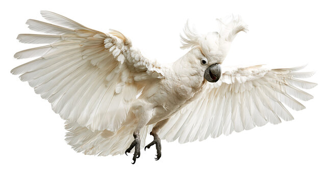 White umbrella cockatoo with spread wings in flight