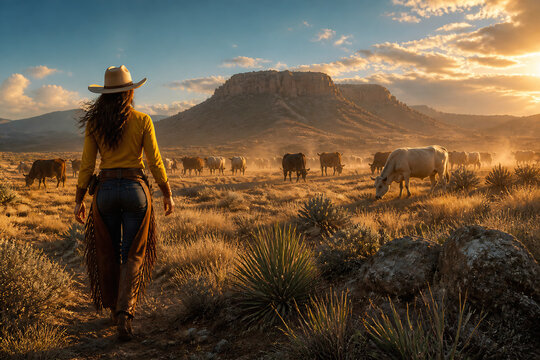 A woman in a cowboy hat stands in a vast, sunlit, arid landscape with cattle grazing under a dramatic sunset sky.