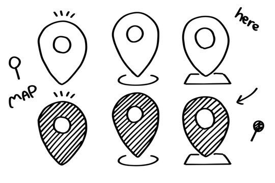 Hand drawn doodle map pin and location marker icon set.