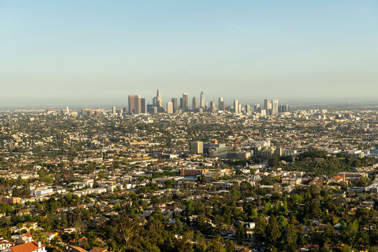 Expansive urban Los Angeles skyline.