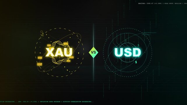 Digital XAU and USD currency exchange trading pair with gold and blue neon HUD elements.