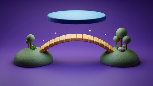 3D render of a small stone bridge connecting two grassy mounds with trees and a blue floating platform above it