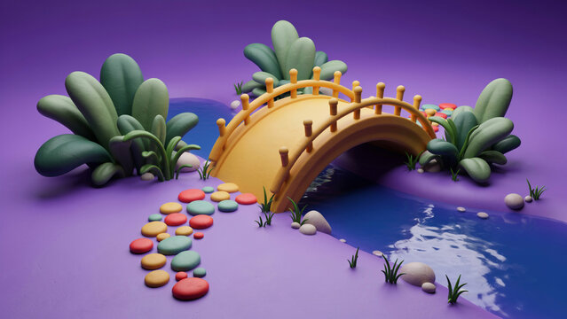 3D render of a small yellow bridge over a blue stream with colorful stepping stones and green plants on purple ground