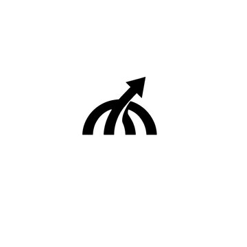 black and white vector symbol featuring three arched or curved paths converging into a single upward-pointing arrow head. Symbolizes data fusion, team collaboration, goal achievement, business growth