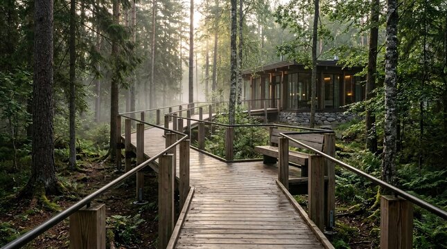 Elevated wooden boardwalk and structural handrails leading to a glass and timber forest hotel cabin in a dense pine woodland