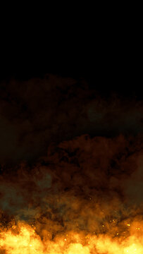 Vibrant fire flames and flying glowing sparks burning along the bottom edge against a dark black background with copy space. Fire background