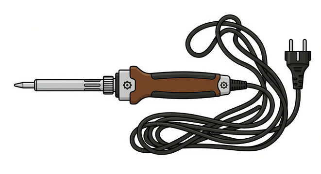 Electric soldering iron icon with power cord and plug isolated on white background. Electronics repair tool vector illustration for electrician and DIY concept