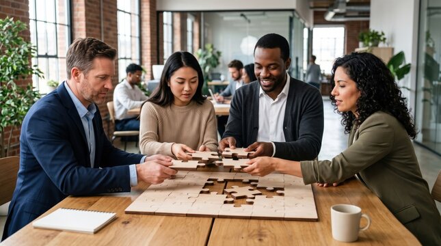 Diverse team of business professionals solving a large wooden jigsaw puzzle together at a desk in a modern office