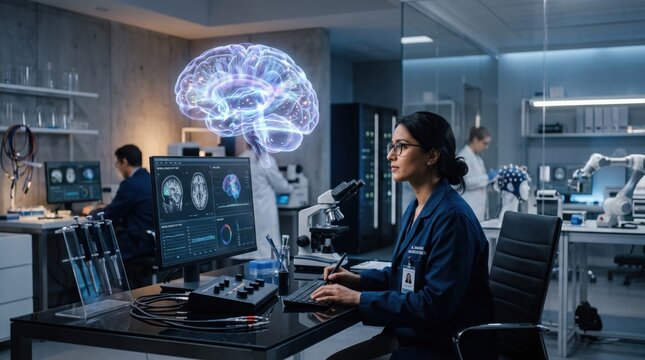 Female neuroscientist working at computer monitor with a glowing holographic human brain in a modern futuristic laboratory
