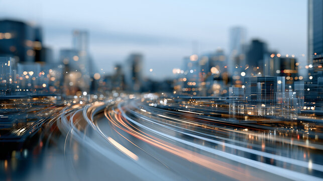 Futuristic Microchip Cityscape &ndash; Circuit Trace Streets with Data Streams of Light

