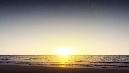 Obraz premium A twilight scene on a serene beach, with the sun setting on the horizon over the ocean under a clear, starry night sky, casting a golden glow on the water and sandy shore. Morning scene background