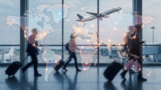 Double exposure of travelers with luggage in airport terminal and glowing world map with flight routes