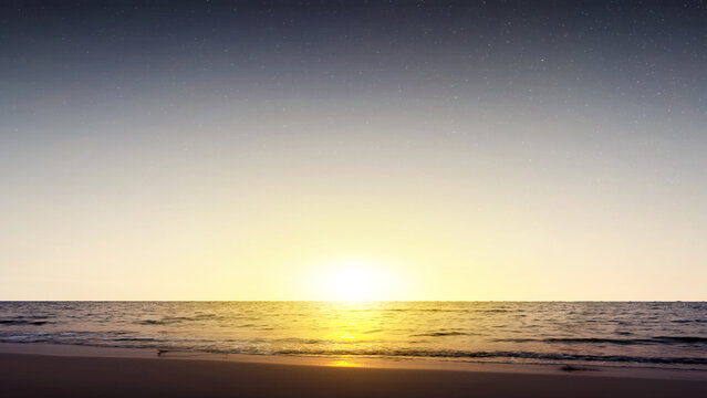A twilight scene on a serene beach, with the sun setting on the horizon over the ocean under a clear, starry night sky, casting a golden glow on the water and sandy shore. Morning scene background