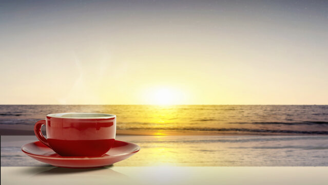 A steaming red coffee cup on a saucer sits on a table overlooking a serene ocean sunset, creating a peaceful and relaxing morning atmosphere. Good Morning Concept