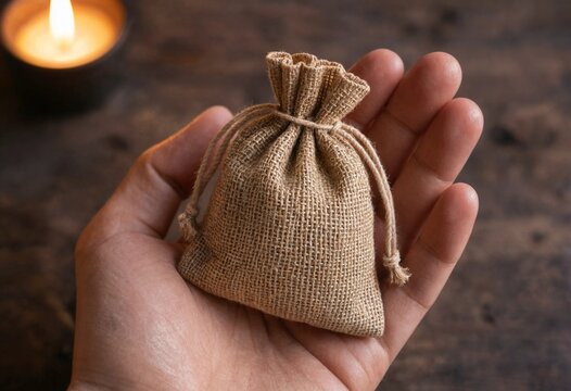 A small burlap drawstring pouch resting in an open palm against a warm candlelit background