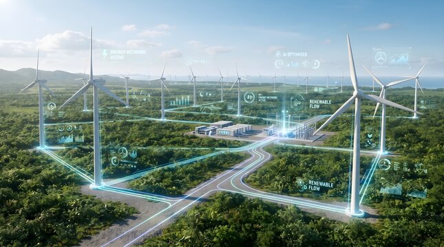Futuristic offshore wind farm connected to an intelligent energy network, combining renewable power generation with advanced AI technology.