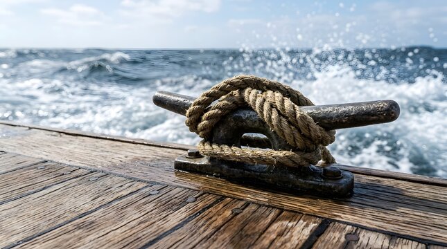 Nautical rope tied around a metal cleat on a moving wooden boat deck