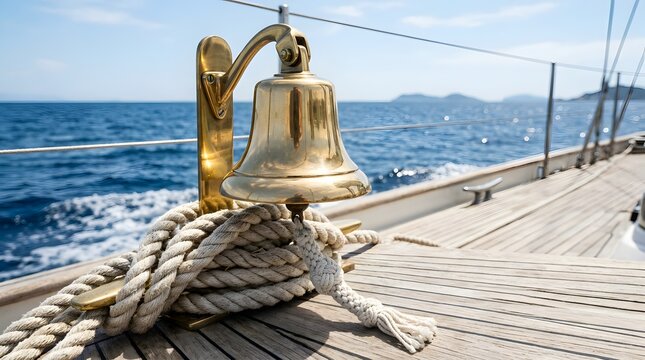 Polished brass nautical bell mounted on a wooden sailboat deck at sea