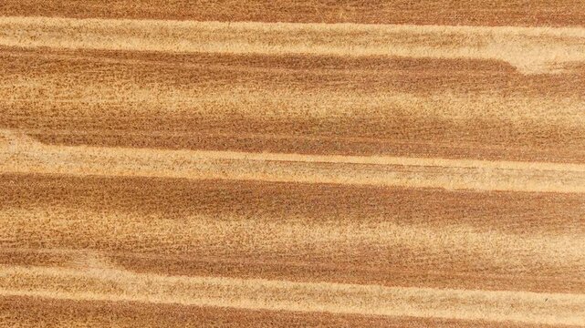 Drone view agricultural stubble. Harvested cropland with straw rows and cultivated field texture prepared for next planting season. Farmland background for post harvest operations regenerative