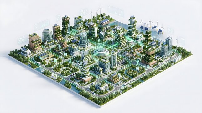 Isometric 3D visualization of a futuristic green smart city with sustainable buildings, lush landscapes, clean infrastructure, and connected technology.