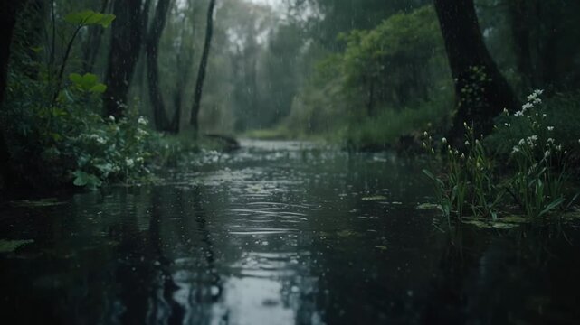 Dark swamp water reflecting trees during heavy rain with cinematic motion and atmospheric lighting
