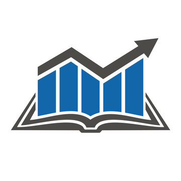 Book and chart or graph growth statistics data with up arrow in simple design, Vector financial business education logo design.