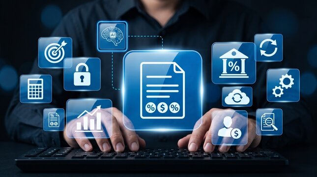 Business woman using artificial intelligence tax management interface with financial analytics dashboard, automation system, and digital accounting tools for online business and fintech workflow 