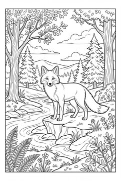 Red fox in a forest mountain landscape coloring page
