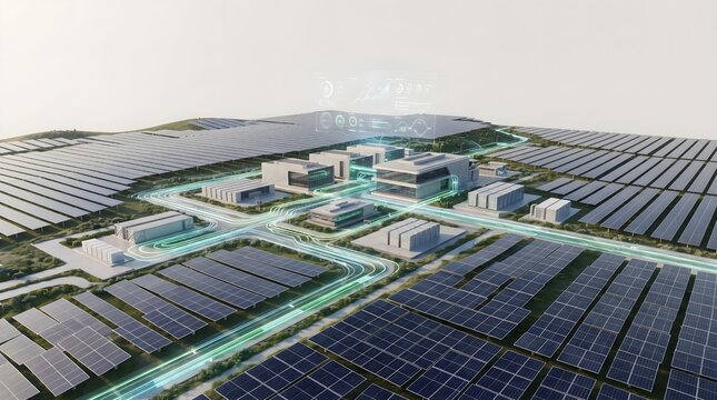 Aerial visualization of a large-scale solar energy facility designed for clean power generation and future sustainable energy infrastructure.