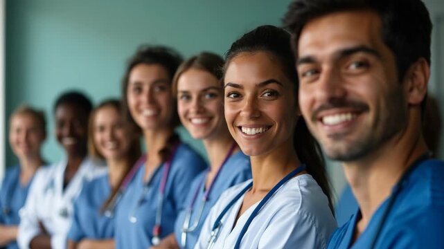 diverse group of smiling healthcare professionals, including doctors and nurses.