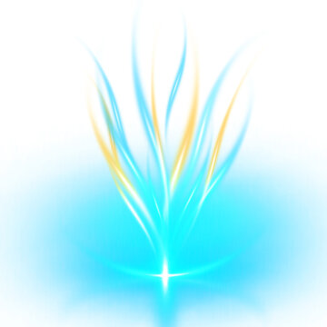 Abstract glowing light waves with blue and yellow streaks radiating from a bright center point on a dark background. Light background