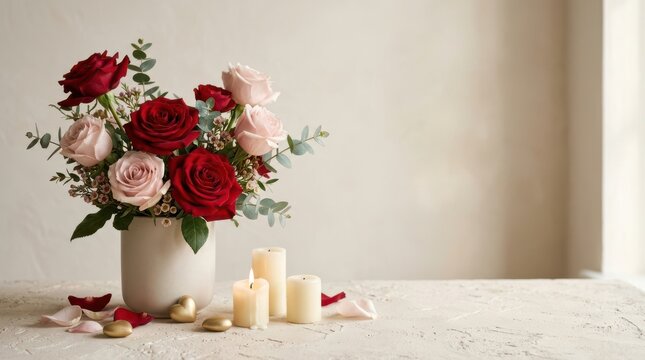 Beautiful bouquet of red and pink roses in a ceramic vase