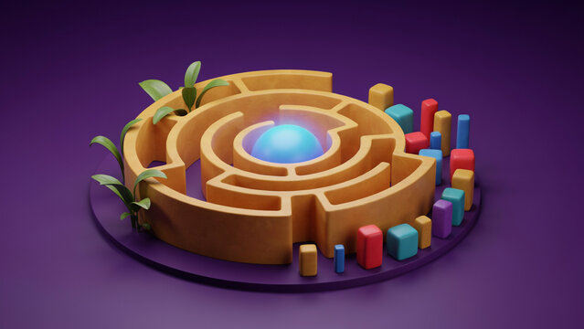 A 3D rendered circular maze with a glowing blue sphere in the center surrounded by colorful blocks and leaves