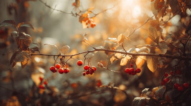 Autumn Berries in Sunlight. Close-up of vibrant red berries on a branch with warm sunlight filtering through autumn leaves