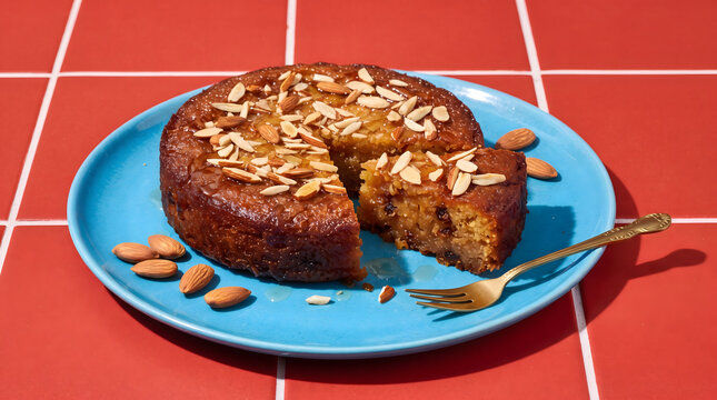 Chhena poda dessert cake topped with almonds, Odisha sweet delicacy