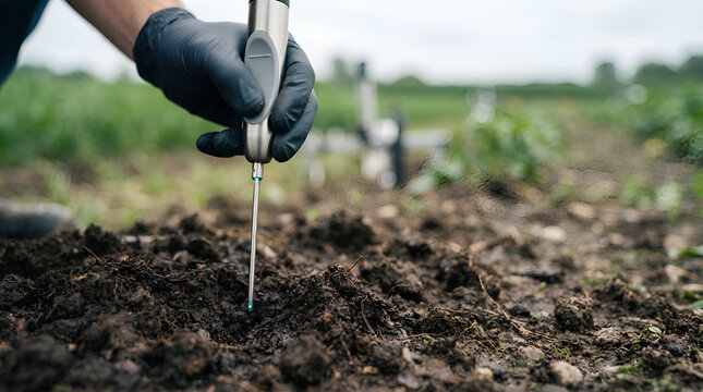Farmer in black gloves using soil testing probe in agricultural field during crop season for soil quality analysis and farming management