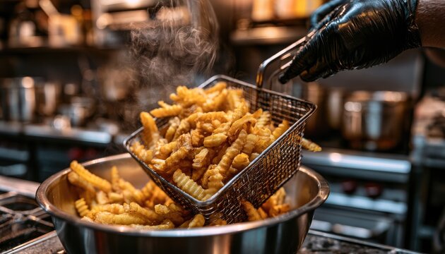 Fresh Crispy French Fries Being Removed from Deep Fryer in Commercial Kitchen.