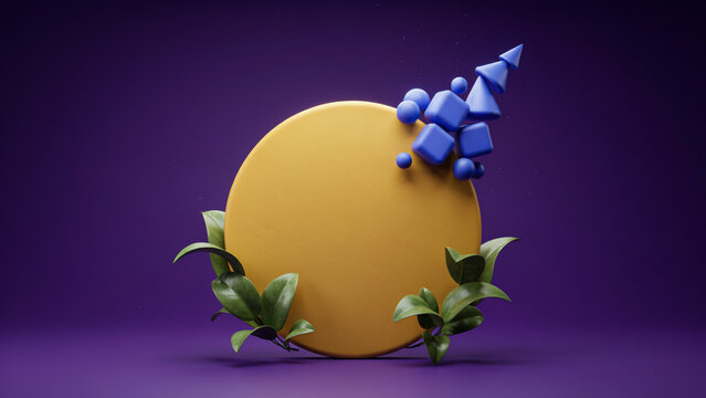 A 3D rendered yellow circle frame decorated with blue geometric shapes and green leaves on a dark purple background