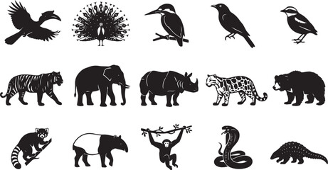 Fototapeta premium Set of asian jungle wildlife silhouettes, including tiger, elephant, rhinoceros, leopard, bear, snake, and various bird species in black and white