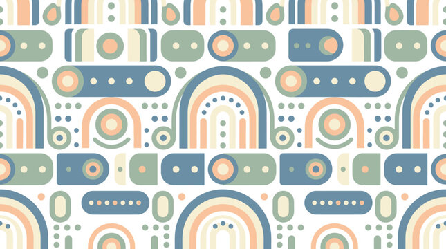 Abstract Geometric Seamless Pattern: Rainbows, Circles, Rectangles in Pastel Tones