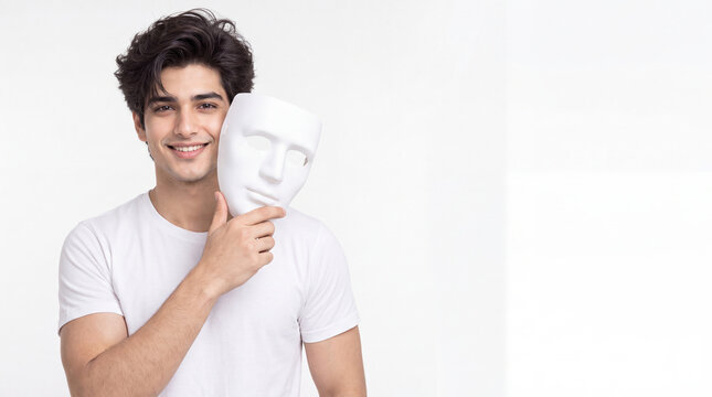 Confident Young Man Removing Plain White Mask Symbolizing Authenticity Self Acceptance and Personal Growth Isolated on White Background