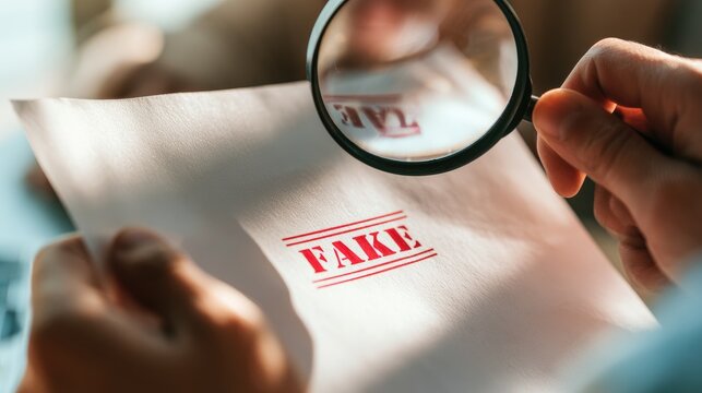Person examining a document with a fake stamp using a magnifying glass.