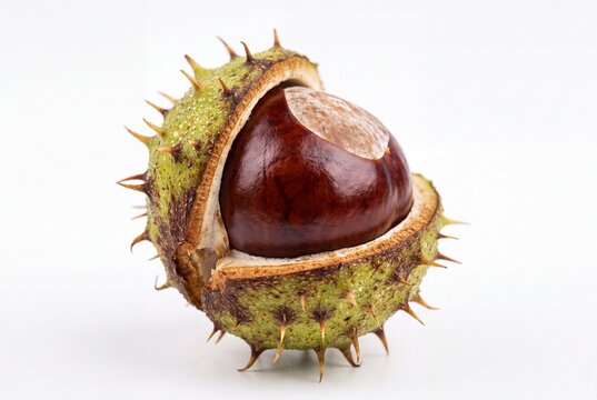Single horse chestnut fruit in a spiky green shell for autumn seasonal packaging