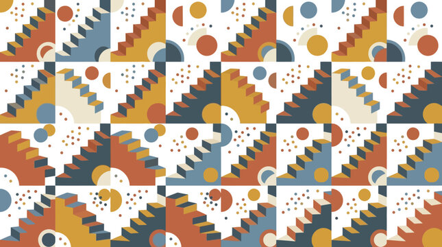 Geometric Stairs Pattern, Mid-Century Modern Design, Abstract Retro Background
