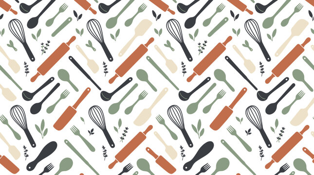 Kitchen Utensil Pattern: Baking Tools, Rolling Pins, Whisks, Spoons & Forks - Seamless Design