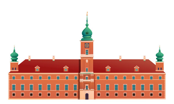 Cartoon vector illustration of the Royal Castle in Warsaw, Poland, a historic royal residence and iconic architectural landmark located in the heart of the city.